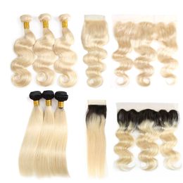 Cheap Human Virgin Hair Bundles With Closures Straight 1b 613 Brazilian Hair Extensions Body Wave Wefts Weaves With Frontal Accessories