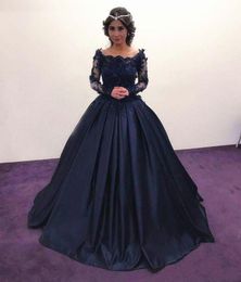 2019 Fall Winter Navy Blue Long Sleeve Evening Dress Bateau Lace Satin masquerade Ball Gown African Prom Formal Dress vestidos Plus Size