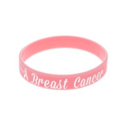 100PCS Hope Ribbon Breast Cancer Awareness Silicone Rubber Bracelet Debossed and Filled in Color Pink Adult Size