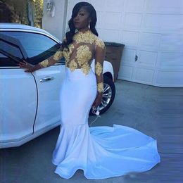 Sexy Sheer Long Prom Dresses White and Gold Appliques Beaded Mermaid Evening Dresses Black Girl Long Sleeve Prom Party Gowns