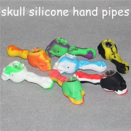 Silicone Bubbler skull Hand Pipe with Glass Bowl Food Grade Silicon Smoking Pocket Pipes Multi Purpose Oil Burner Tobacco HookahPipe