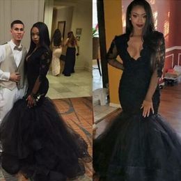 Gorgeous Mermaid Prom Dresses Deep V Neck Illusion Long Sleeves Lace Appliques African Dress Puffy Tulle Skirt Black Evening Party Gowns