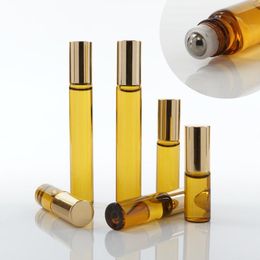 Portable 10ml Mini Roll On Glass bottle fragrance PERFUME Amber Brown THICK GLASS BOTTLES ESSENTIAL OIL bottle Steel Metal Roller ball SN908