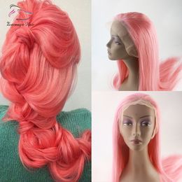 Evermagic Brazilian human hair full lace wigs light baby pink color straight silk base wig hair