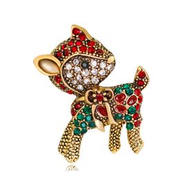 Lovely Christmas Deer Brooch Vintage Bronze Animal Enamel Rhinestone Pins Ancient Silver Plated Alloy Brooch Pins for Gifts Wholesale