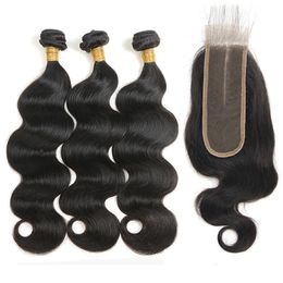 middle part hairstyles UK - Body Wave Human Hair Bundles With Closure Grade 8A Brazilian Virgin Hair Weave 3 Bundles WIth 2x6 Middle Part Lace Closure New Hairstyle