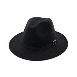 Unisex Men Women Wool Felt Fedora Hat Belt Buckle Decorated Wide Brim Panama Jazz Cap Lady Church Formal Hat Trilby