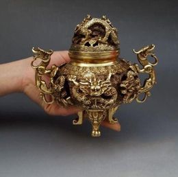 6" Chinese Brass 9 Dragon Incense Burner Censer Incensory Burner Statue
