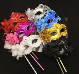 Luxury Diamond Woman Mask On Stick Sexy Eyeline Venetian Masquerade Party Mask Sequin Lace Edge Lateral Flower SN250