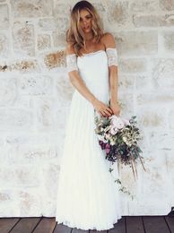 Short Sleeves Boho Wedding Dresses Off the Shoulder Lace A-line Floor Length Beach Informal Bridal Gowns Custom Made