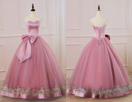 Gold Lace Cheap Quinceanera Dresses Dusty Rose Sweetheart Tulle Bows Backless Ruched Simple Cheap Long Prom Sweet 16 Dress Vestidos 15 anos