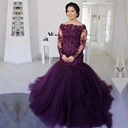 Modern Purple Evening Dresses Mermaid Off Shoulder Long Sleeve Sweep Train Prom Dresses With Lace Beads Tulle Formal Party Gowns HY4182