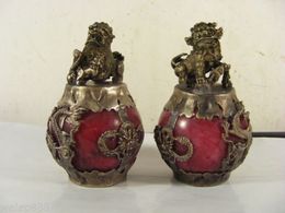 Chinese pair of tibet silvering red jade lion seal dragon and phoenix carved