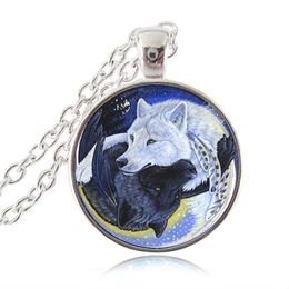 Ying yang lobo colar de pingente de prata lobo preto e branco moda jóias de vidro cabochão choker magic tai chi sinal de jóias yin yang presente
