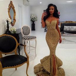 Mermaid Gold Pailletten Prom Kleider Spaghetti Riemen Front Split Fishtail Formale Lange Abendkleid Rüschen Sparkly Urlaub Sexy Cocktail Party