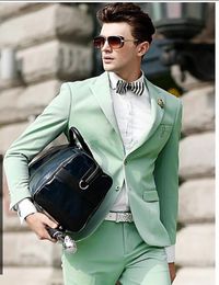 Brand New Light Green Men Wedding Tuxedos High Quality Groom Tuxedos Peak Lapel Two Button Men Blazer 2 Piece Suit (Jacket+Pants+Tie) 2088