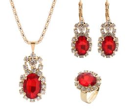 2019 Hot sales Bridal Jewellery Set fashion Gold Ellipse Luxurious crystal gemstone Earrings Ring Pendant Necklace 7 Colour selection