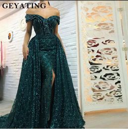 Saudi Arabic Dark Green Mermaid Evening Dresses Long Detachable Train sweetheart Prom Dresses 2018 Dubai Turkish Off Shoulder Evening Gowns