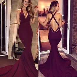 Simple Stylish Burgundy Prom Dresses 2018 Sexy Backless Sleeveless Sweep Train Mermaid Long Party Dresses Cheap Evening Gowns Formal Wear