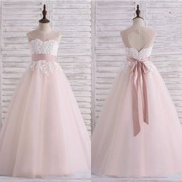 Lovely 2018 Bush Pink Tulle Flower Girls Dresses For Weddings Cheap Sheer Crew Heart Cut Out Back With Sash Girl Pageant Gown EN2097