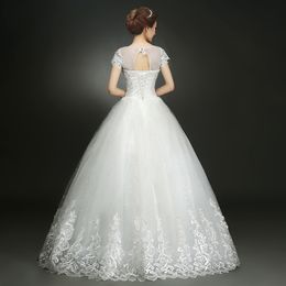 New Style O-Neck Short Sleeve White Crystal Decoration Lace MaterialBling Wedding Dress Custom Made