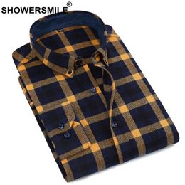 SHOWERSMILE Yellow Plaid Shirt Men Cotton Red Chequered Shirt Male Slim Fit Casual Long Sleeve Autumn Winter Clothing New