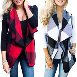 Women Winter Clothing Red Black Plaid Vests Ruffle Neck Fashion Sleeveless Jackets Wholesale Woman Clothes Free Shipping