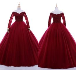 2019 Wine Red Ball Gowns Prom Dress For Sweet 16 Off The Shoulder Illusion Long Sleeve Lace Beaded Sequins Graduation Dress Formal Gowns