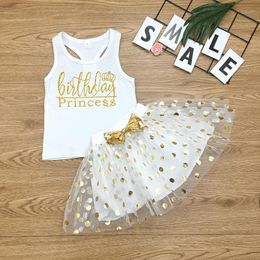 Boutique Baby Clothing Kids Girls Clothes Summer Sleeveless T-shirt Vest Tops +Polka Dot Skirt Princess Party Sequin Bowknot Tutu Skirt 1-6Y