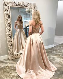 Fashion Off shoulders Evening Formal Gowns For Women Party With Pockets Crystal Rhinestones Satin A line Prom Dresses Cheap Long