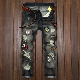 European and American badge Jeans Pants men's distrressed patchwork ripped slim straight hole men plus size