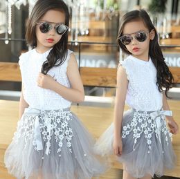 3-12Y children girls clothing sets teenage summer costume girls clothes cotton lace T-shirt lace blouse+flower TUTU skirt 2pcs/set