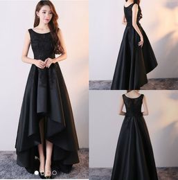 Stylish High Low Bridesmaid Dresses Cheap Scoop Neck Lace Maid of Honor Dress Appliqued Black Wedding Guest Dress Custom