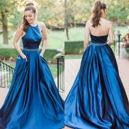 Charming A Line Prom Dresses Halter Neck Backless Elastic Satin Evening Dresses With Pockets Beading Sash Formal Party Gowns