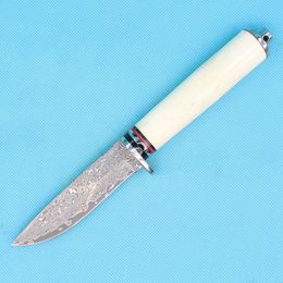 High End Damascust Hunting Knife Damascus Steel Blade Bone Handle Fixed Blade Knives With Leather Sheath