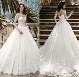 2018 New Elegant A-line Backless Long Sleeve Tulle Wedding Dress Off the Shoulder Appliques Bridal Wedding Gowns Court Train Robe De Mariage