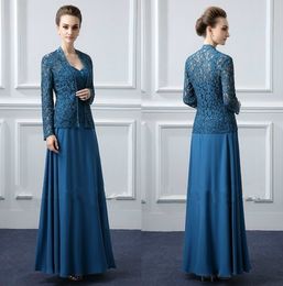 Dark Blue Lace Mother Of The Groom Dresses With Jacket Floor Length Modest Wedding Guest Gowns Chiffon Plus Size Evening Wear