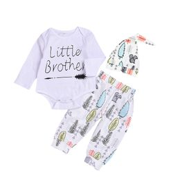 2018 New Baby Boy Clothes Set Little Brother Printed Romper + Long Pants Leggings + Hat 3PCS Boys Outfits Set Newborn Infant Boys Clothing