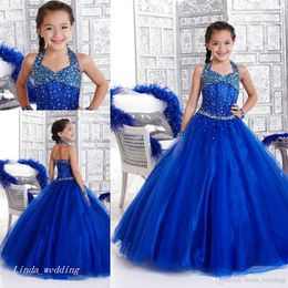 New Arrival Cute Royal Blue Girls Pageant Dress Halter Neckline Beaded Princess Party Cupcake Flower Girl Pretty Dress For Little Kid