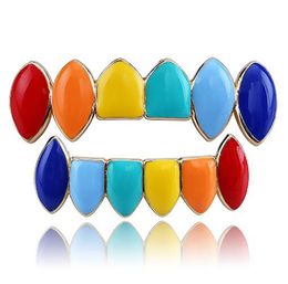 Hot Hip Hop Gold Rainbow Teeth Grillz Top&Bottom Set Colourful Grills Dental Halloween Vampire Teeth Cap Fashion Jewellery