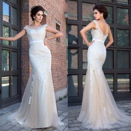 Slim Mermaid Sheer Neck Applique Short Sleeves Evening Dress Sweep Brush Train Net Dresses Prom Dress