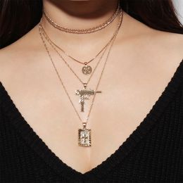 Multilayer Fashion Gun Pendants Necklace Cross With Hip Hop Miami Cuban Chain Gold Silver Color Men Women Jewelry