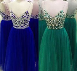 2022 Green Royal Blue Prom Dress With Spaghetti Straps Bling Rhinestone Criss Cross Straps Back Designer Real Photo Evening Formal Dress