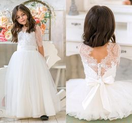 Lace Flower Girls Dresses For Weddings V Neck Half Sleeves Tulle Floor Length Backless Children Birthday Party Dresses