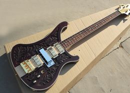 4 Strings Dark Brown Electric Bass Guitar with Engraving Pattern,4 Pickups,Gold Hardwares