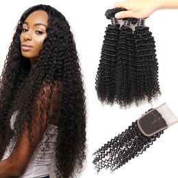 Ishow 10A Brazilian Kinky Curly With Lace Closure Malaysian Peruvian Human Hair Weave 3Bundles Deals for Women Girls All Ages Natural Black Colour 8-28inch