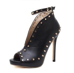 New Europe Popular Street beat rivet shoes High-heeled Catwalk sexy Rome Ankle Buckle Strap PU heel 12cm Woman pumps