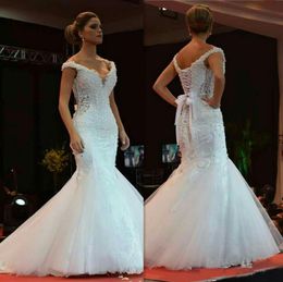 Beaded Pearls Mermaid Wedding Dresses With Bow Off-shoulder Bridal Gowns Plus Size Lace Up Back Long Arabic Wedding Dresses