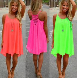 Women Sexy Loose Spaghetti Strap Dress Beach BOHO Dress Summer Bright Color Sleeveless Chiffon Mini Dress Women Clothing Plus Size S-5XL