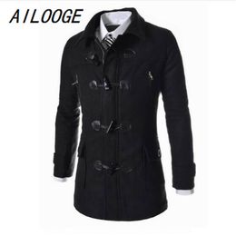AILOOGE Winter High Quality Men's Woollen Horn button Coats Casual Overcoat Fashion Wool coat men Windbreaker jacket Peacoat